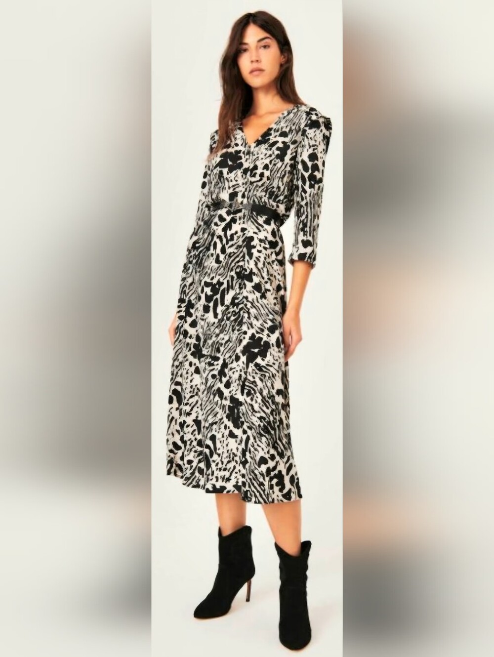 Ba&sh Paris Olga Midi Dress Womens 6 Black Ecru Abstract Animal Print Fit n Flar - Picture 2 of 16